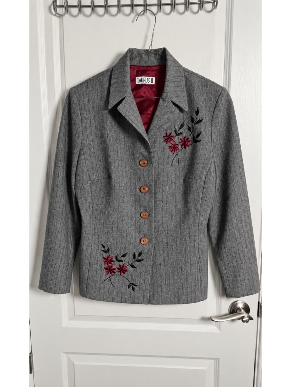 Vintage Taurus II Gray Floral Embroidered Blazer Jacket Pink Black S M